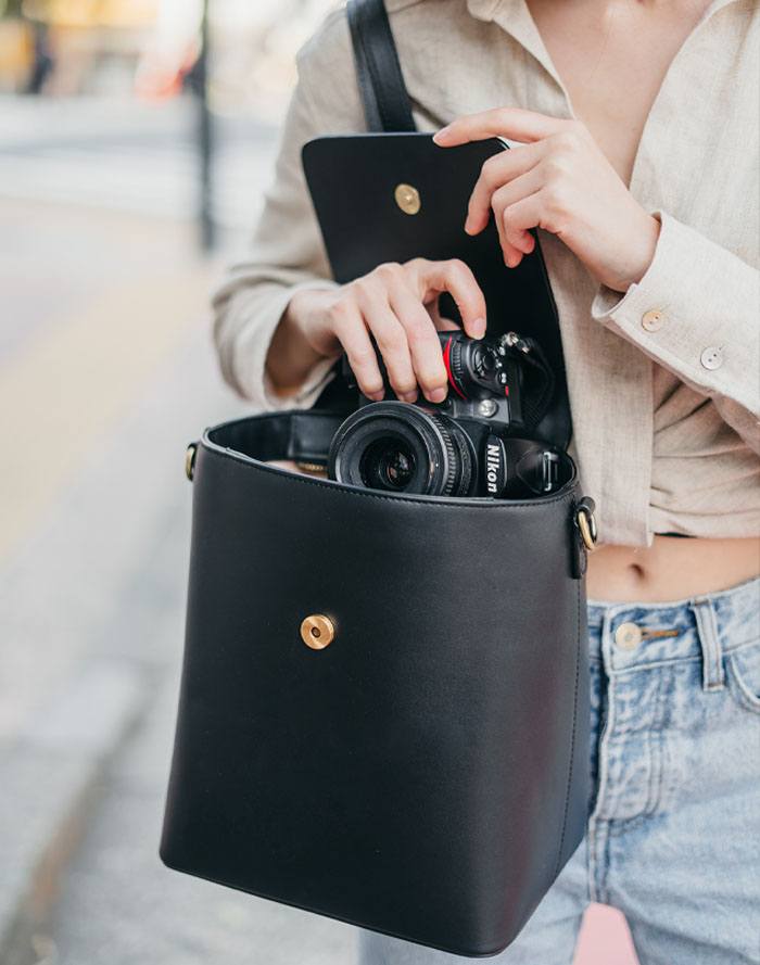 buy leather camera backpack Christie Noir Women Camera Backpack